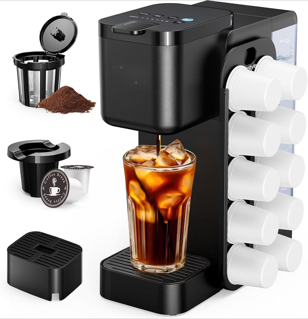 Hot & Iced Coffee Maker with Magnetic Organizer (Pods Not Included), Stores 10 Pods, 4-5 Cups Coffee Maker & Single-serve Brewer for K Cup & Grounds, 40oz Removable Water Tank