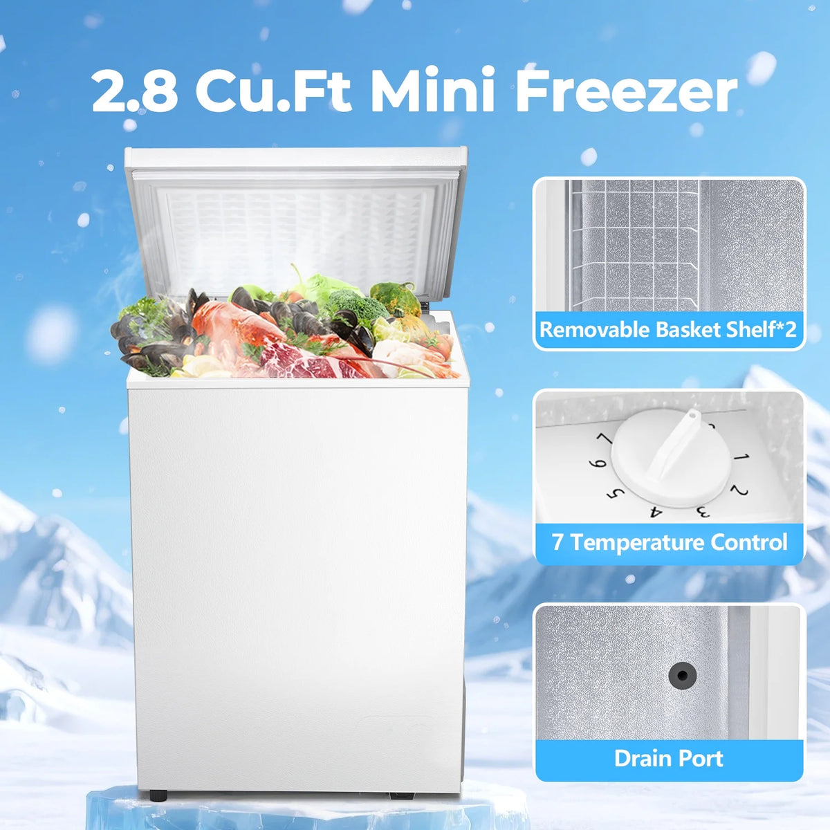 WAA 2.8 Cubic Feet Chest Freezer with Removable Basket Free Standing Top Open Door Compact Freezer with Adjustable Temperature for Home/Kitchen/Office/Bar (White)