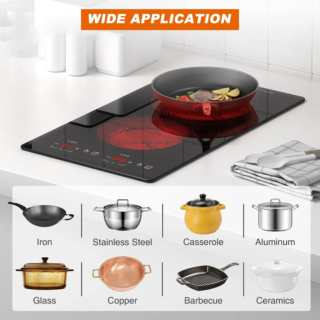 iMeshbean 12inch Electric Ceramic Cooktop 220V 3000W Electric Induction Cooktop 2 Burners Stove Top Built-In/Integrated Touch Control