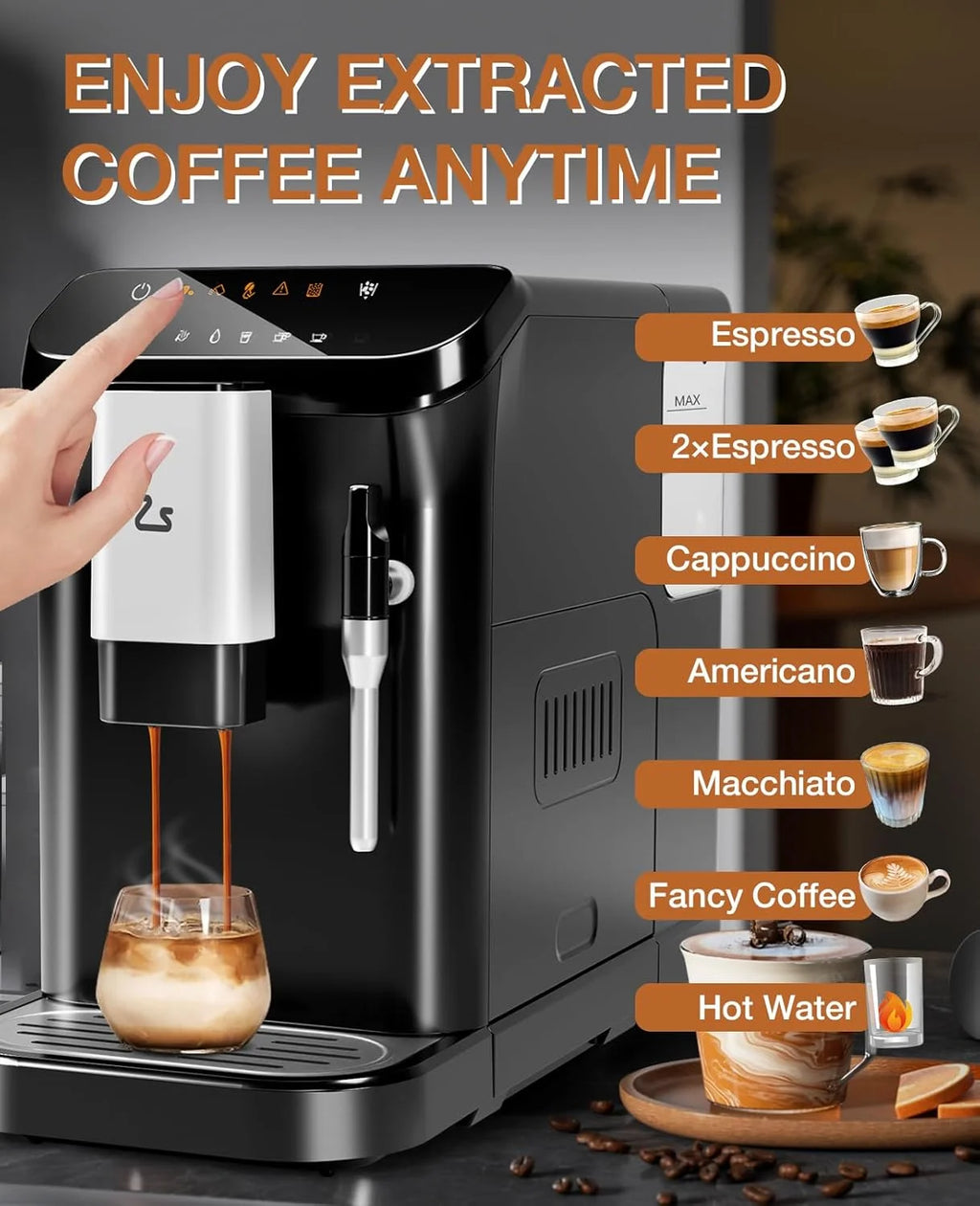 Espresso Machine, 20 Bar Pump Pressure for Balanced Extraction, Professional Espresso Maker with Milk Frother Steam Wand, 1.5L Water Tank, 1-15 Adjustable Grind Size Levels, Gift for Coffee Lover