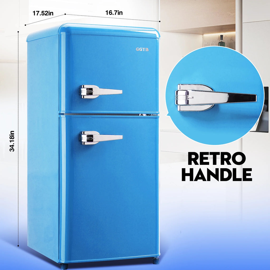 GGTB 3.0 Cu.Ft Two Door Small Refrigerator with Freezer, Compact Retro Small Refrigerator for Dorm, Office, Bar, RV, Bedroom, Blue