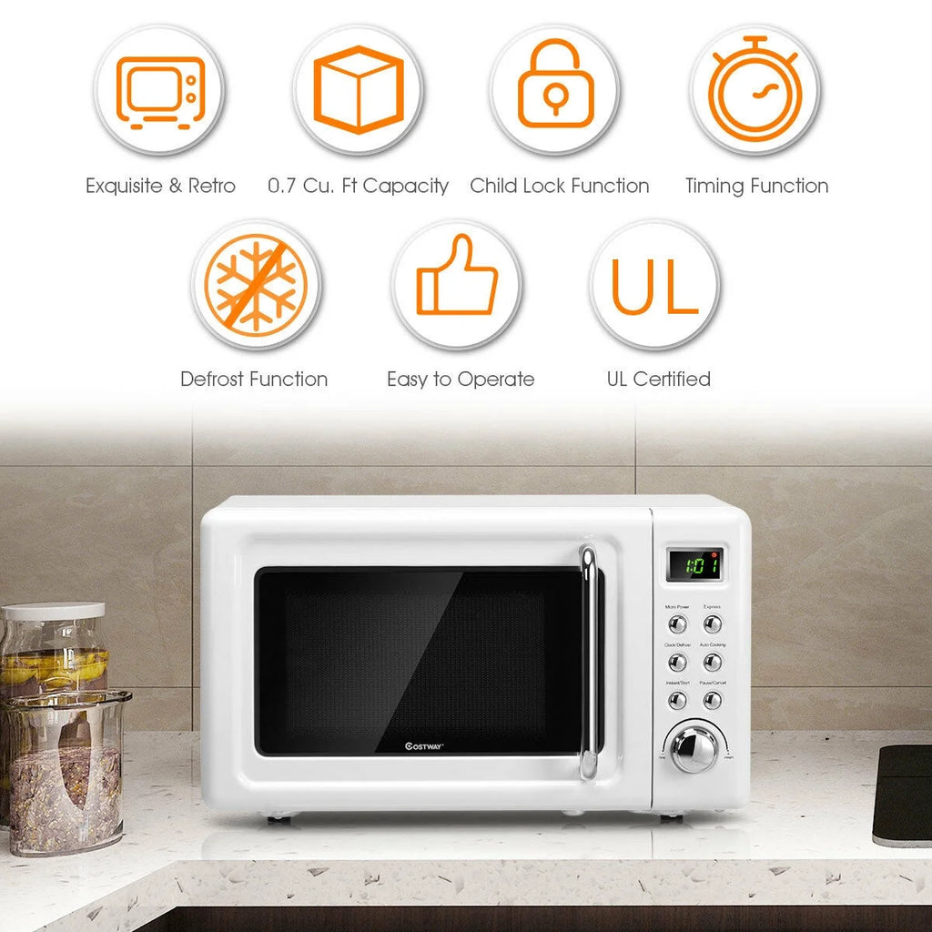 Costway 0.7Cu.ft Retro Countertop Microwave Oven 700W LED Display Glass Turntable Rose Gold