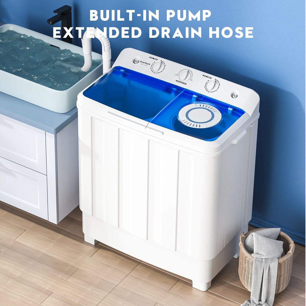 Auertech Portable Washer 28lbs Twin Tub Compact with Drain Pump, Semi-Automatic Washer Spinner Combo