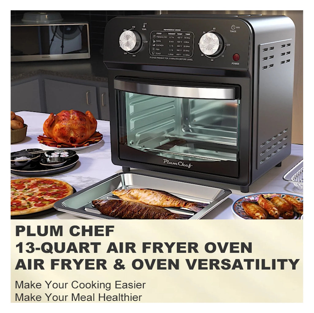 12.5 Quart 7-in-1 Convection Toaster Oven, 1500W, 5 Pre-set Menus, Roast, Bake, Grill, Broil, Toast, Dehydrate, Defrost, Stainless Steel, Black