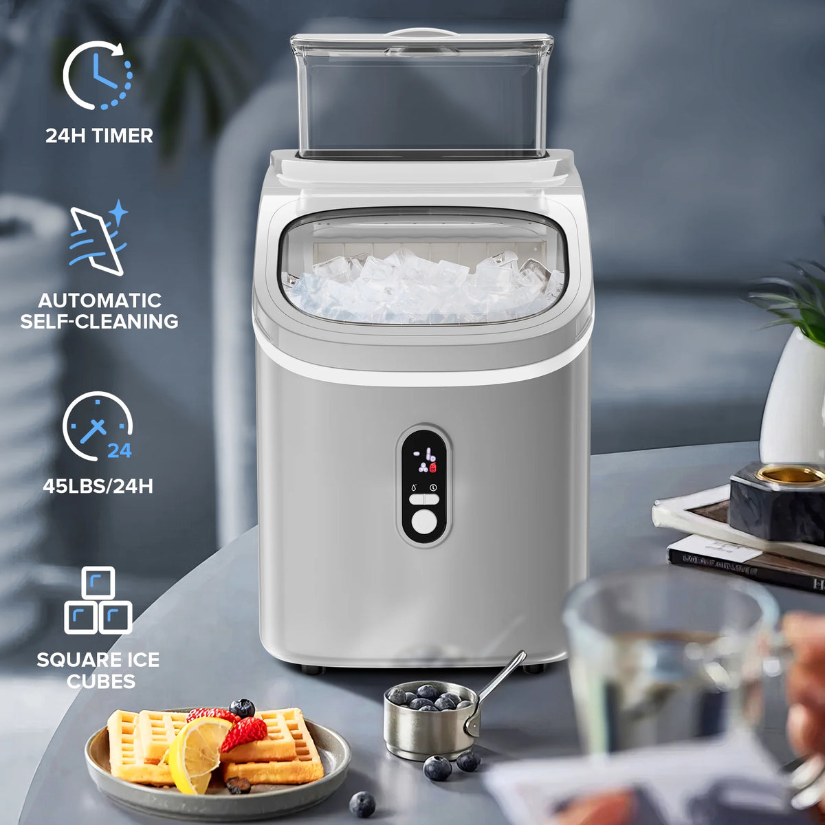 Auseo 45lbs/24H Ice Maker Countertop, 1.5+0.5L Large Water Tank, Cube Ice, Self-Cleaning,  24H Timer, Customizable Ice Making Time, Black