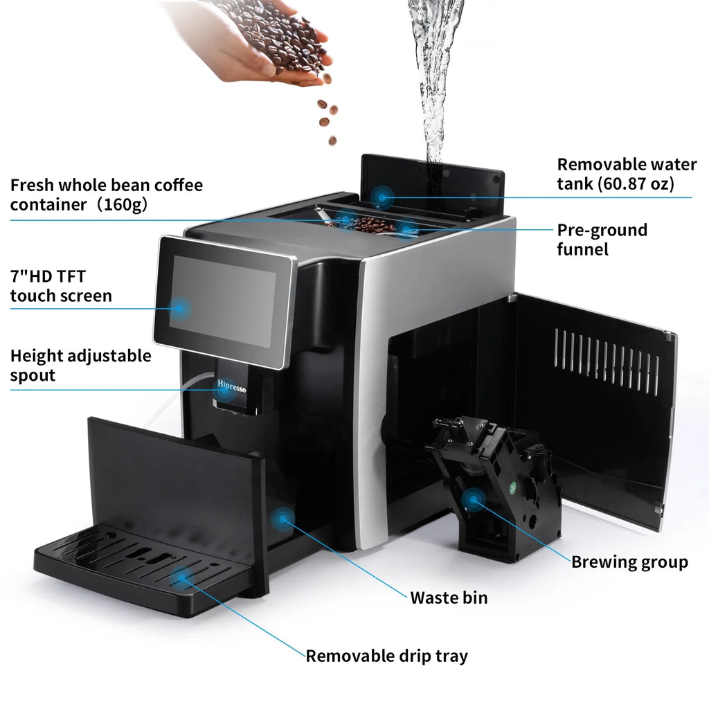 Hipresso CM-1001 Programmable Super-automatic Espresso Coffee Machine with Large 7 inches HD TFT Display