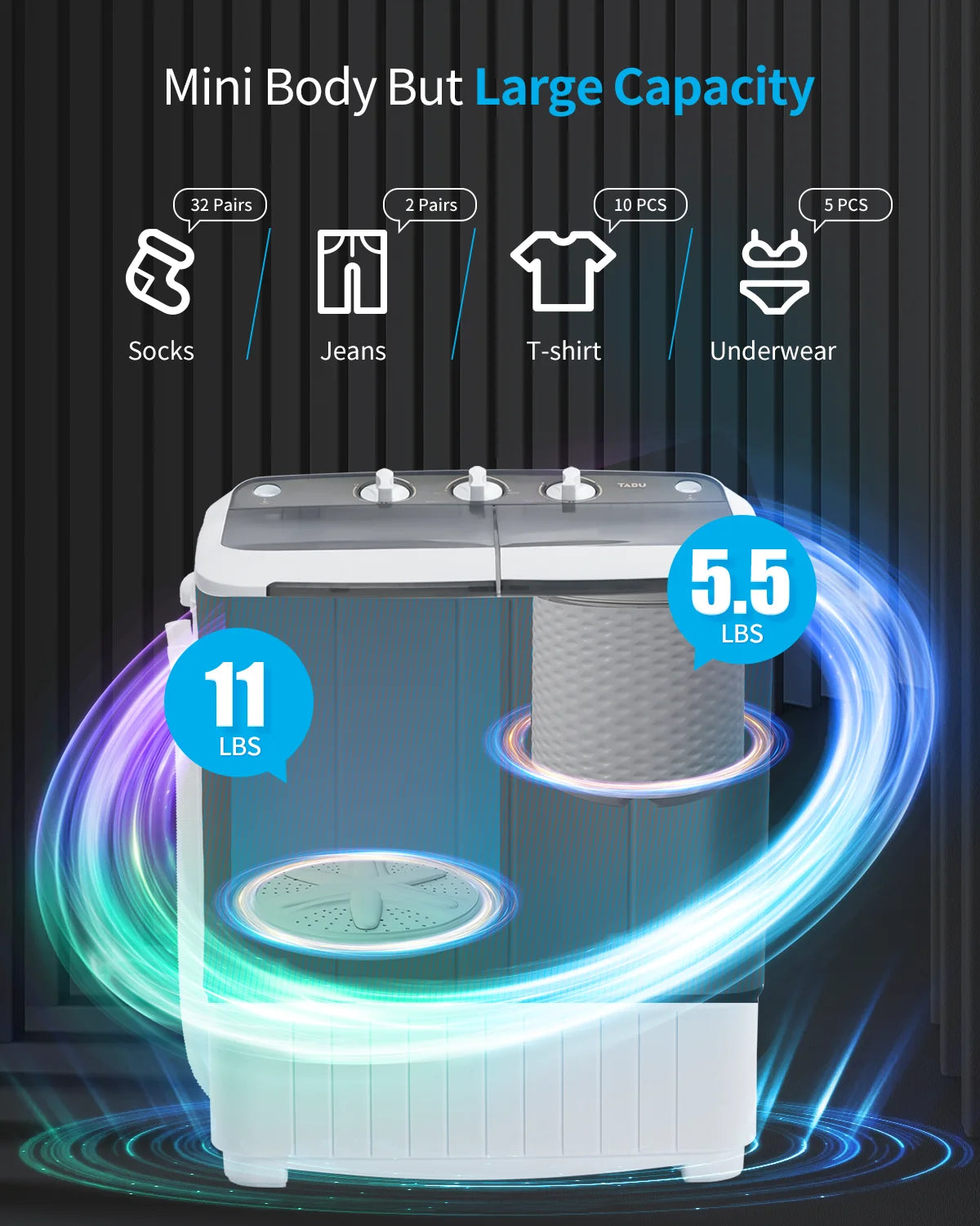 TABU 16.5lbs Portable Washing Machine,Electric Twin Tub Wash&Spin Combo,Semi-Automatic Washer,Gray