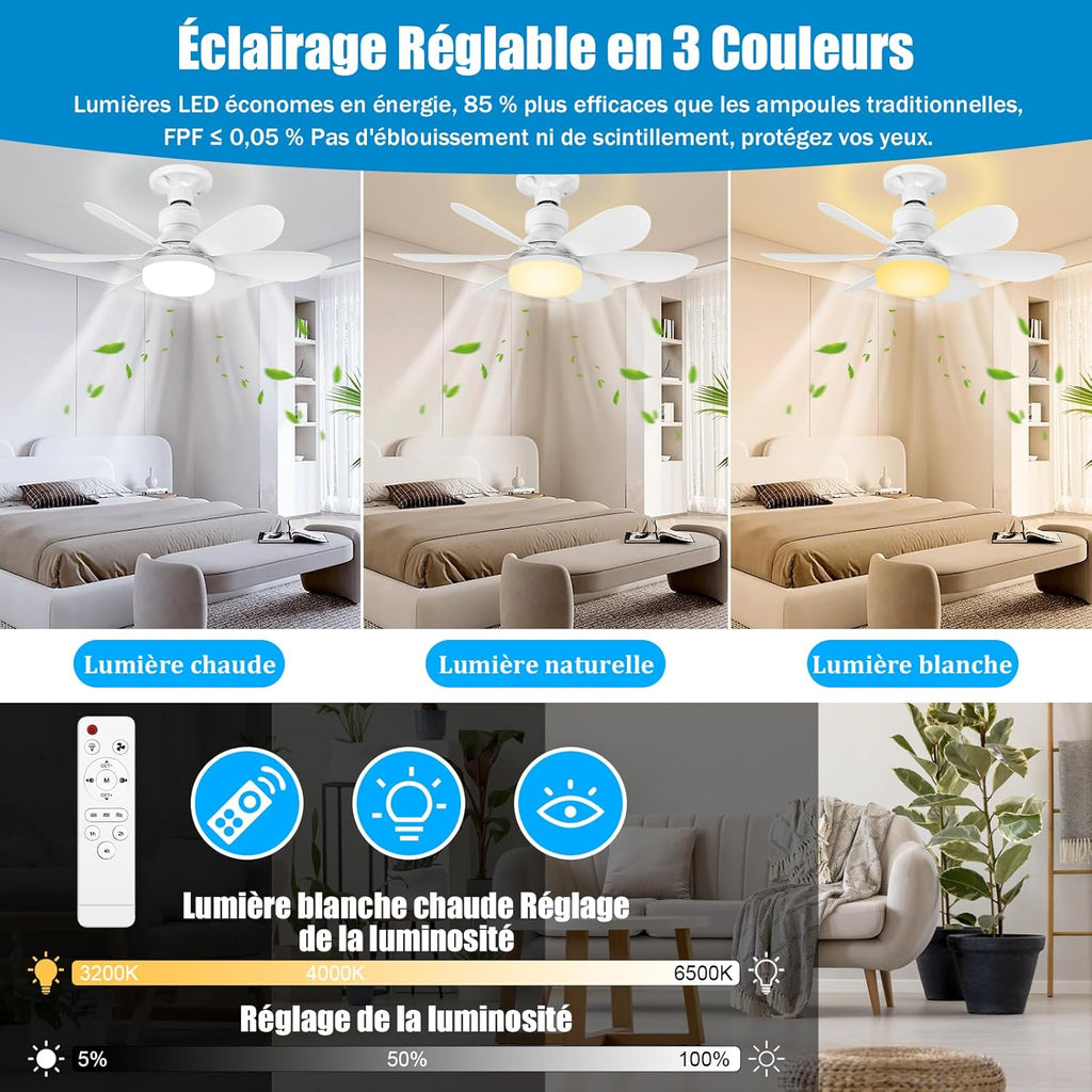 BuzzoXerex Ceiling Fan with Light and Remote Control, 52CM 40W Small Dimmable LED Fan, 2000LM, 3 Colours 3000-6500K, 3 Speed, E27 Socket for Bedroom, Kitchen, Bathroom