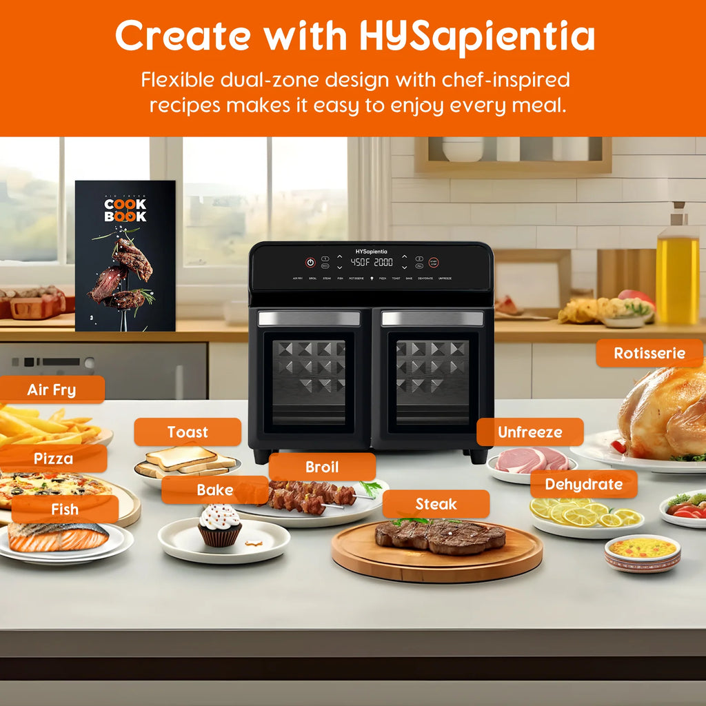 HYSapientia 24QT Dual Zone Air Fryer Oven with Rotisserie,10-in-1 Internal stainless steel Convection Countertop Oven 1800W Air Fryer  Toaster Oven for Family Cooking
