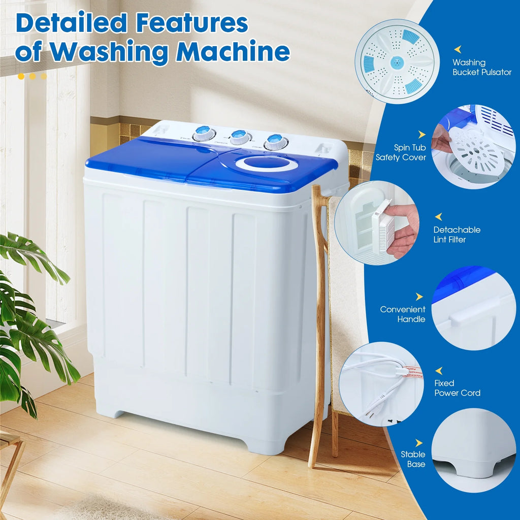 Clickoods 28lbs Portable Washing Machine Twin Tub, Compact Washer with Drain Pump, Semi-Automatic washer dryer combo, Blue