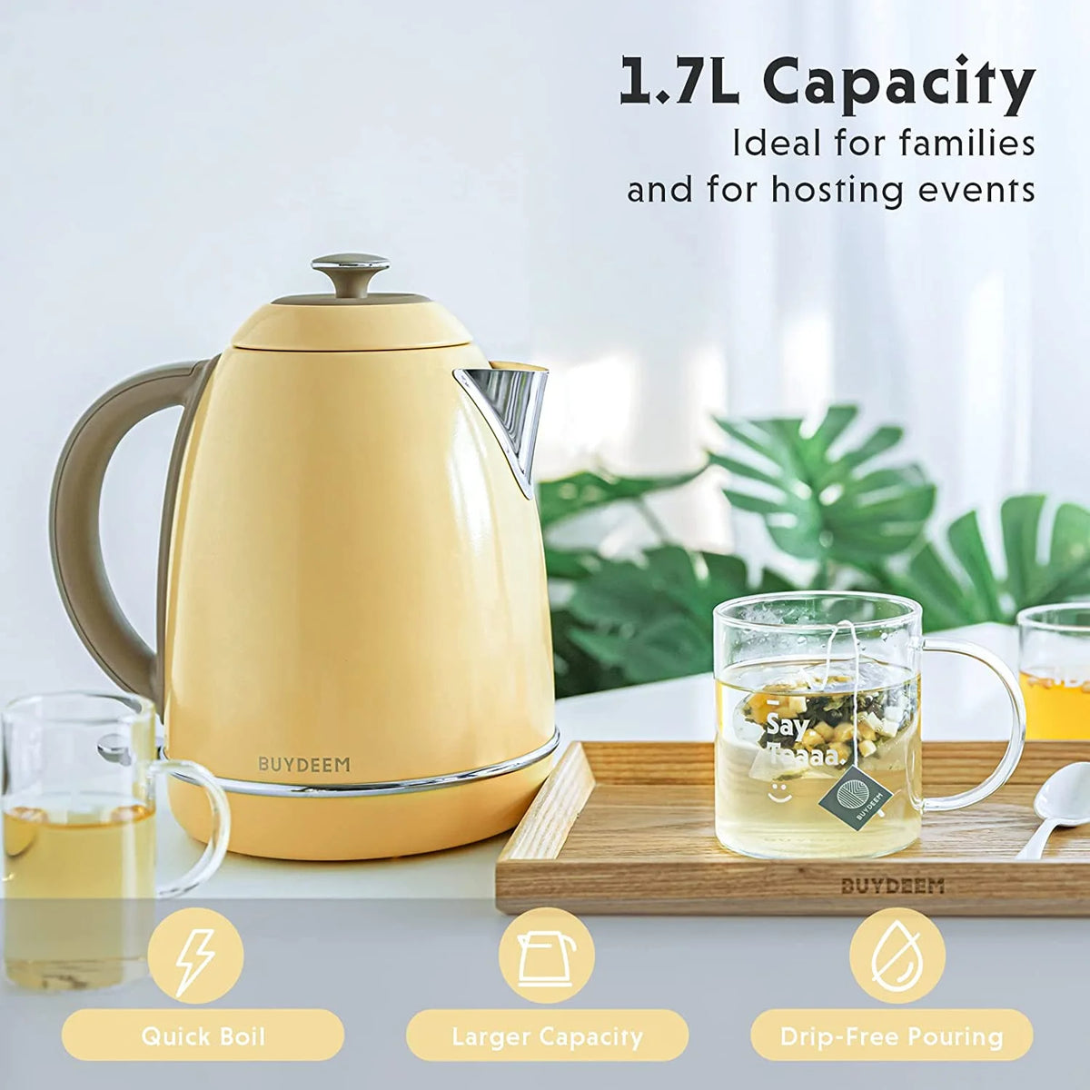 BUYDEEM K640 Stainless Steel Electric Tea Kettle with Auto Shut-off 1.7 L, 1440W (Mellow Yellow)