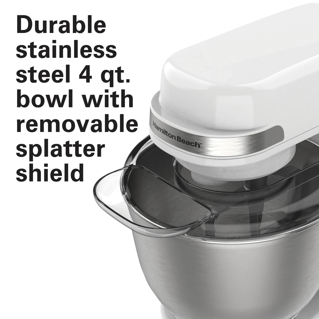 Hamilton Beach 4 Quart Stand Mixer for Kitchen, 7 Speeds, Tilt-Head, Dough Hook, Whisk & Flat Beater, White