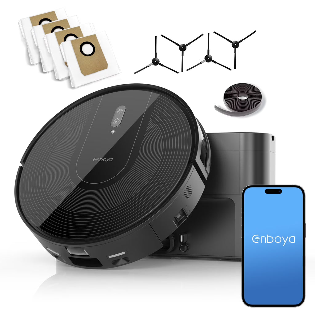Enboya D60+ Robot Vacuum Cleaner - Self-Emptying Base, 9000Pa Suction, Wi-Fi/App/Voice Control, Smart Vacuum