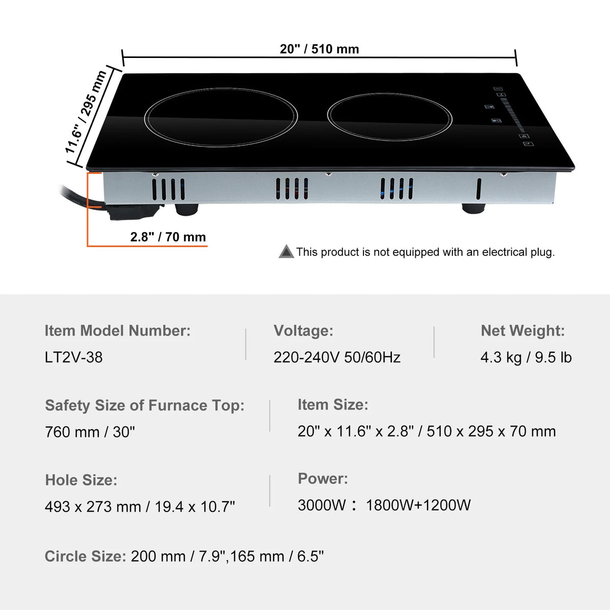 KFFKFF 2 Burner Electric Cooktop, 20 x 11.6 inches, 240V 3000W Glass Heat Plate with Touch-Sensitive Controls, Inbuilt Timer and Child Safety Feature, 9 Adjustable Heat Settings for Kitchen