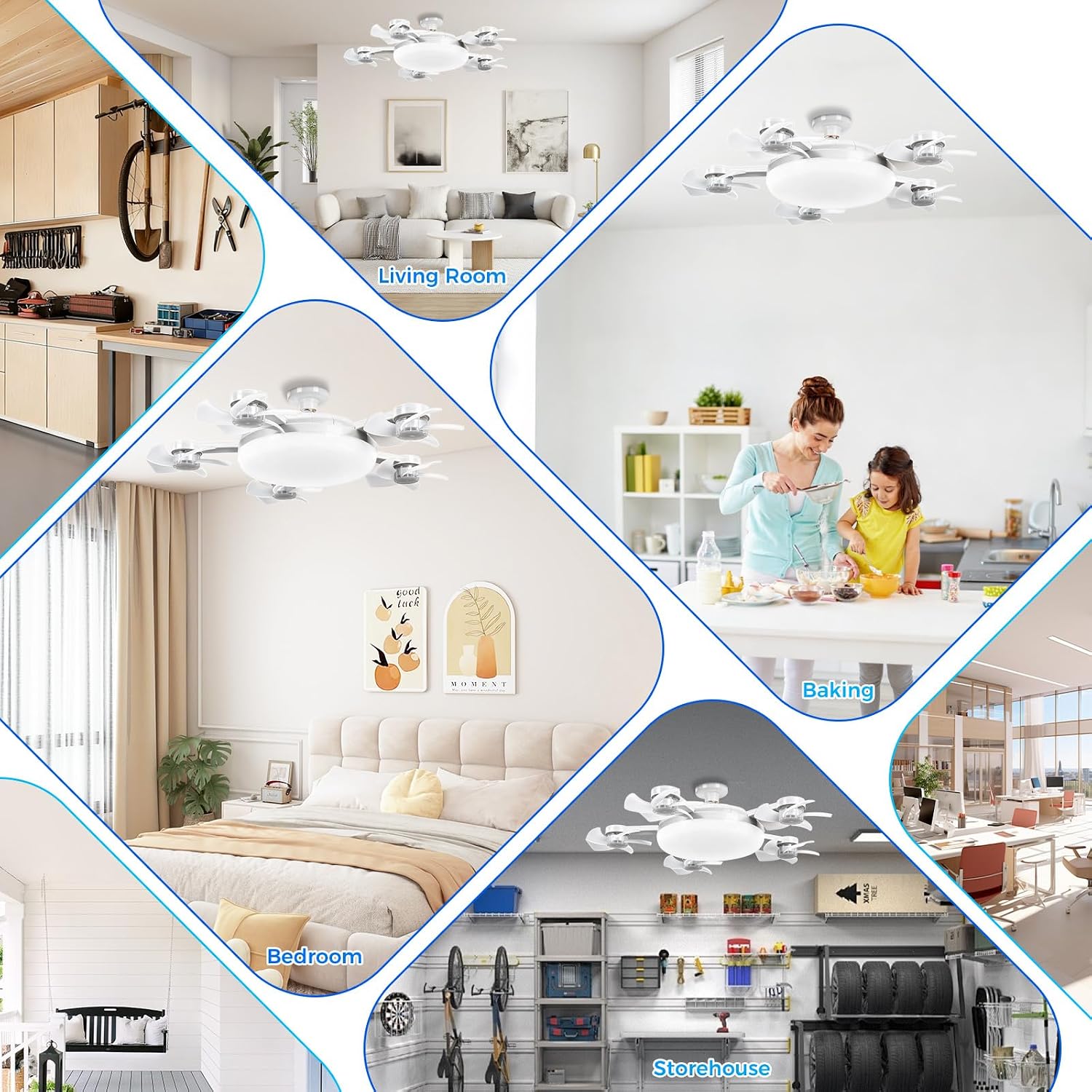 Roadtime Ceiling Fan with LED Light, Foldable 5 Blades Drone Type E27 80W, 3 Speed, Adjustable Lighting 3000-6500K, Remote Control, Timer, Silent Ø54 cm for Bedroom, Living Room, Kitchen