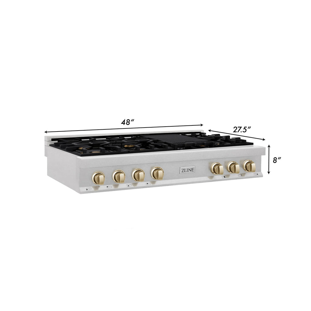 ZLINE Autograph Edition 48" Porcelain Rangetop with 7 Gas Burners in DuraSnow Stainless Steel and Champagne Bronze Accents (RTSZ-48-CB)
