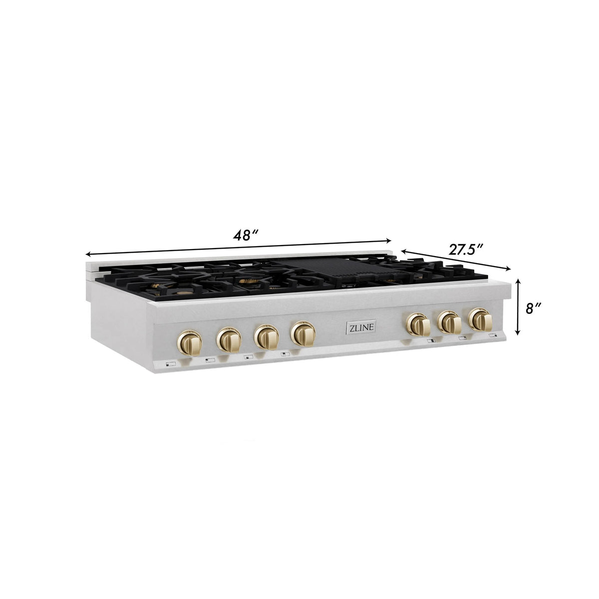 ZLINE Autograph Edition 48" Porcelain Rangetop with 7 Gas Burners in DuraSnow Stainless Steel and Champagne Bronze Accents (RTSZ-48-CB)