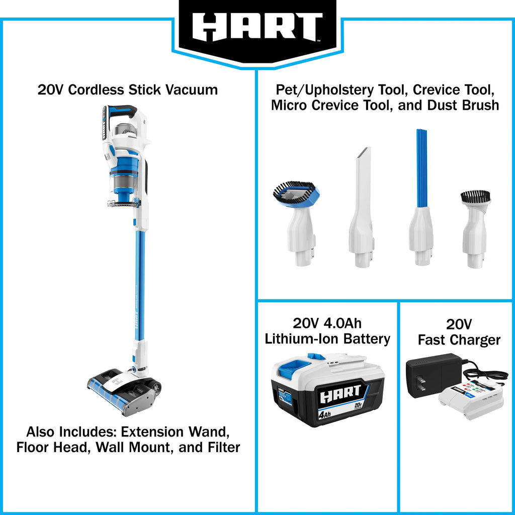 HART 20-Volt Dual Brushroll Stick Vacuum Kit, (1) 4.0 Ah Lithium-Ion Battery