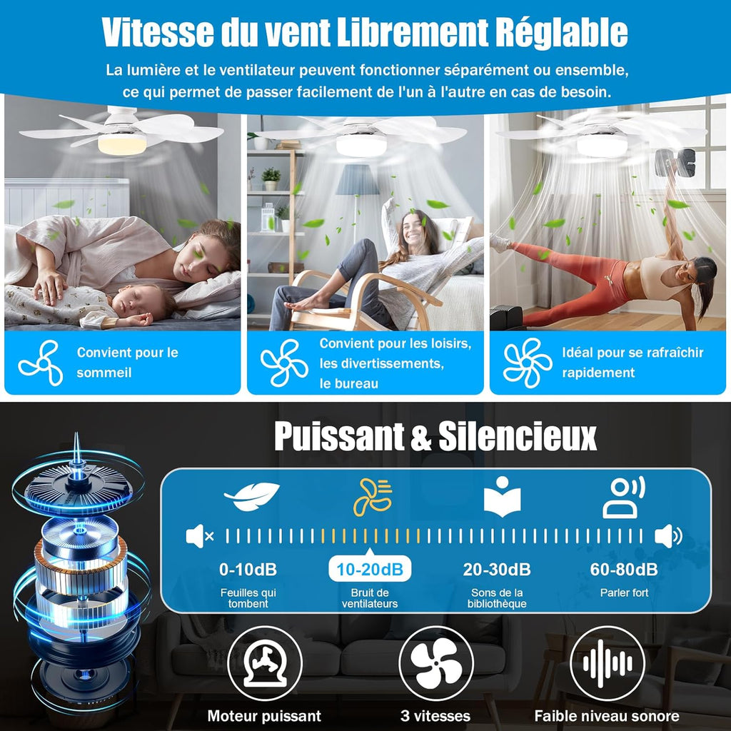 BuzzoXerex Ceiling Fan with Light and Remote Control, 52CM 40W Small Dimmable LED Fan, 2000LM, 3 Colours 3000-6500K, 3 Speed, E27 Socket for Bedroom, Kitchen, Bathroom