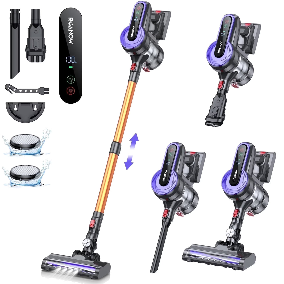 Roanow Cordless Vacuum Cleaner, 38KPA/55Mins with Display Stick Vacuum for Home Hardwood Floor Carpet Pet