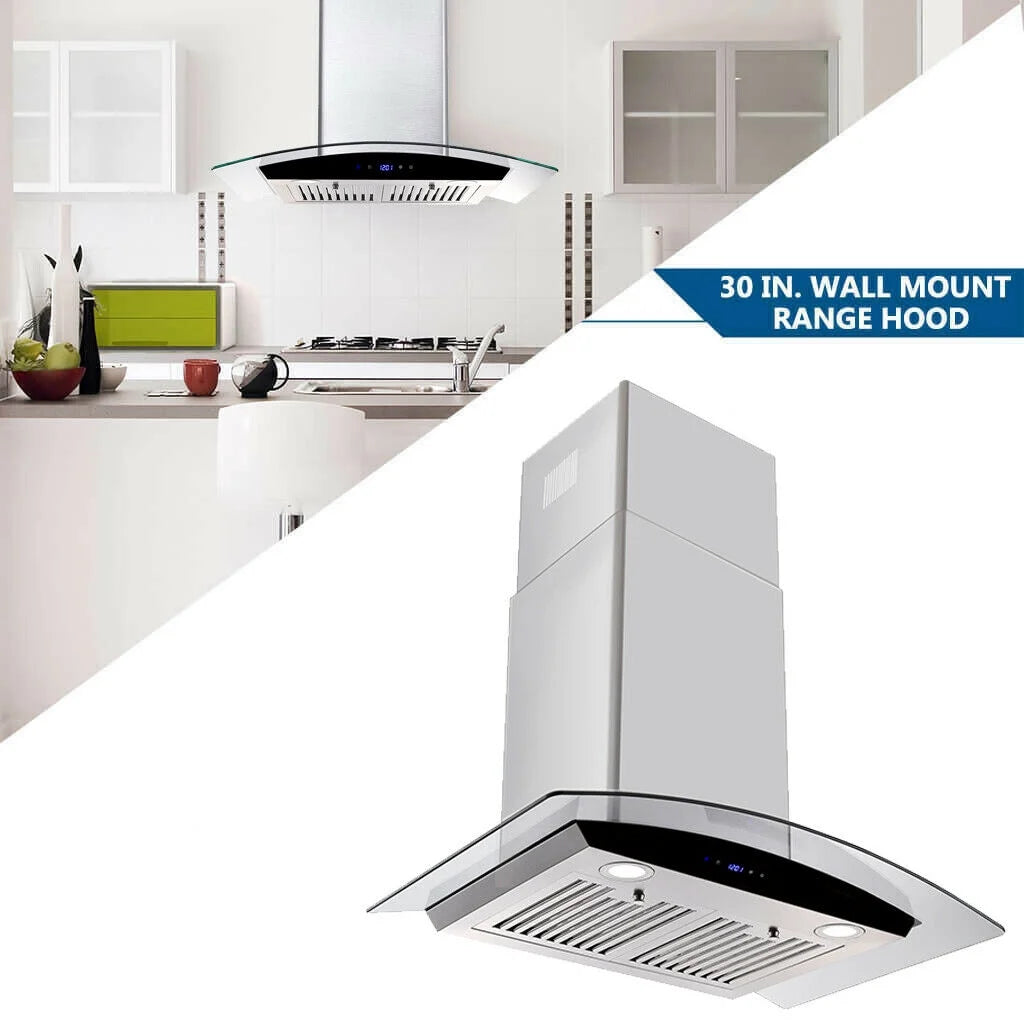 Tieasy 30 inch Wall Mount Range Hood Stainless Steel 700 CFM Black Touch Panel Kitchen Vent Fan
