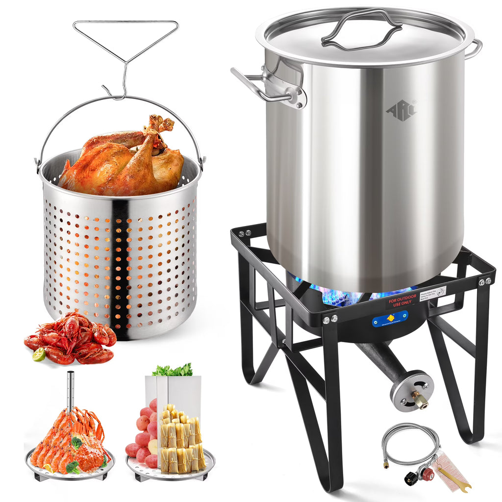 32QT Stainless Steel Seafood Boil Pot with 200,000BTU Single Burner Propane Stove, Heavy Duty Propane Burner For Outdoor Cooking Turkey Fryer, Crawfish Boil, Homebrewing