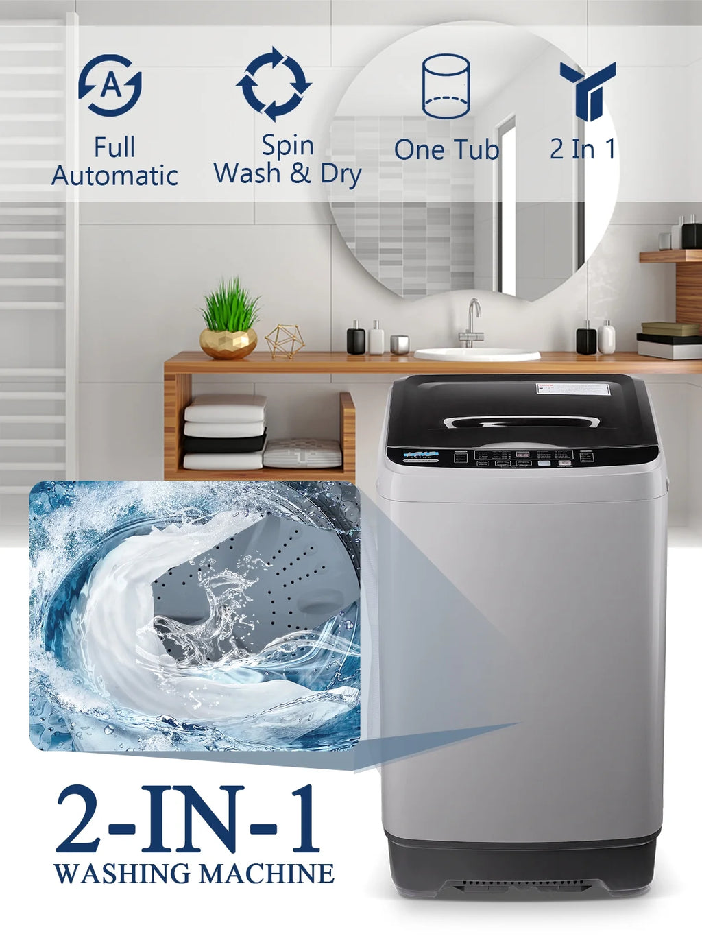 Krib Bling Full Automatic Washing Machine with LED Display, 17.7 lbs Portable Washer with Drain Pump, 10 Washing Programs & 8 Water Levels, Ideal for Camping, Apartment, Dorm, Grey
