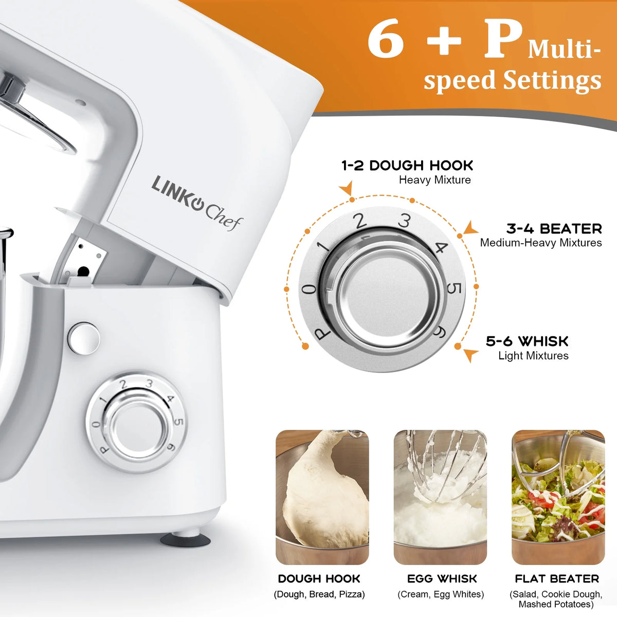 LINKChef Stand Mixer, 5.3QT 800W 6+P Speeds with Whisk, Dough Hook and Beater (White)
