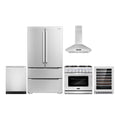 Cosmo 5 Piece Kitchen Appliance Package with 36" Freestanding Gas Range 36" Island Range Hood 24" Built-in Fully Integrated Dishwasher French Door Refrigerator & 48 Bottle Wine Refrigerator