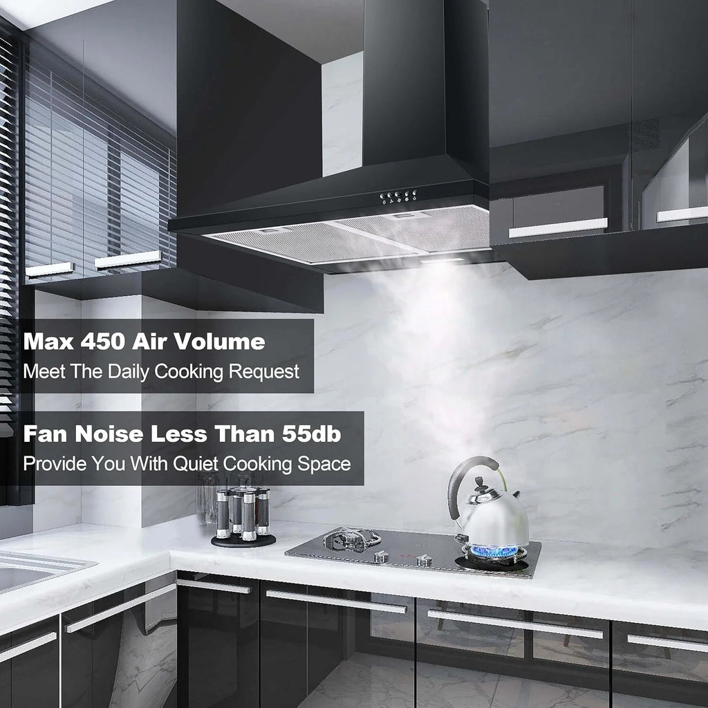 SNDOAS 30 inch Wall Mount Range Hood Stainless Stove Vent 3-Speed Exhaust Fan 120V,Balck
