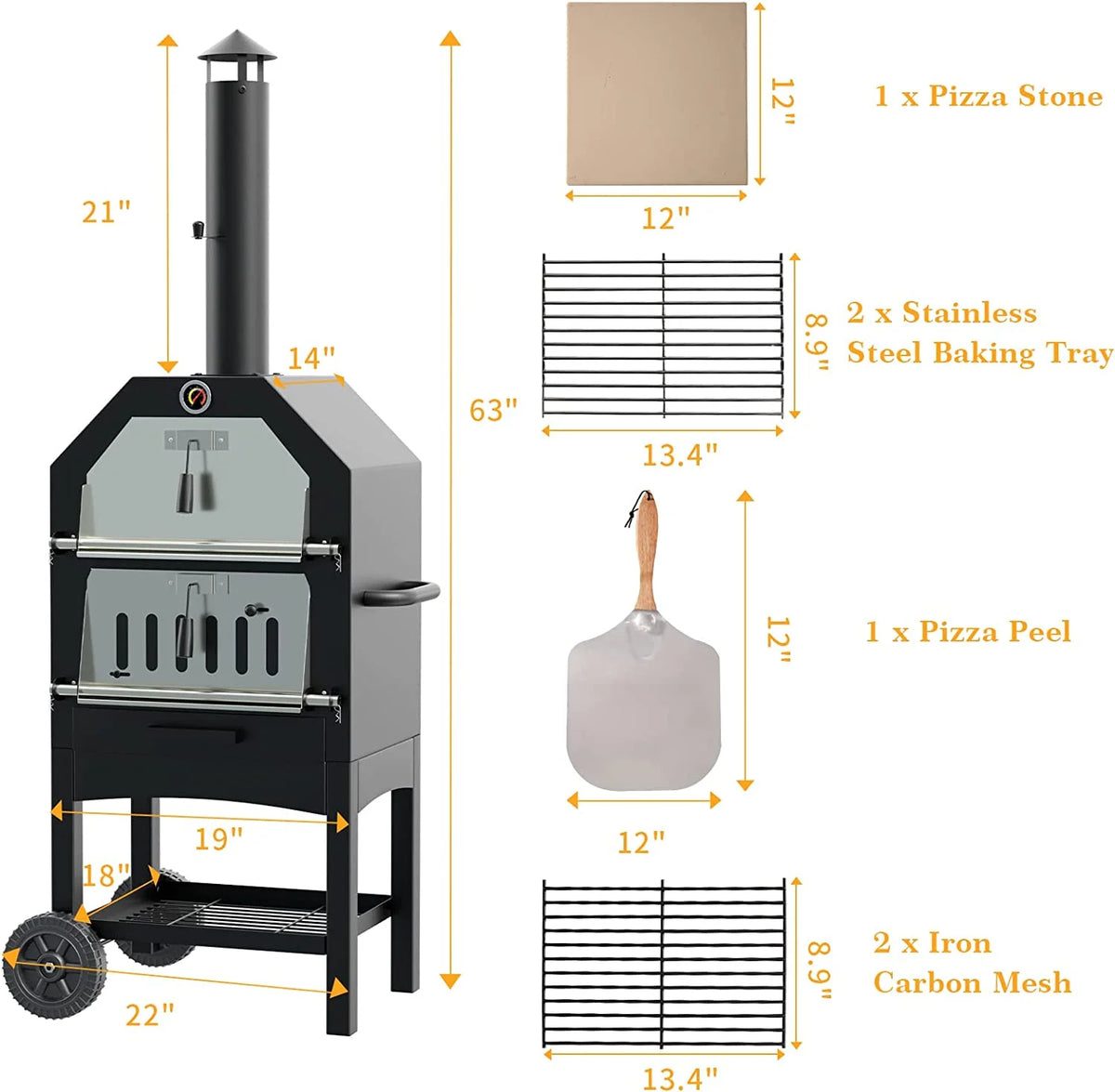 UDPATIO Outdoor Pizza Oven Wood Fired, Wood Pizza Ovens for Outside with Waterproof Cover, Pizza Stone, Peel, 2 Layer Steel, Freestanding Steel Oven with 2 Wheels for Kitchen BBQ Backyard Party