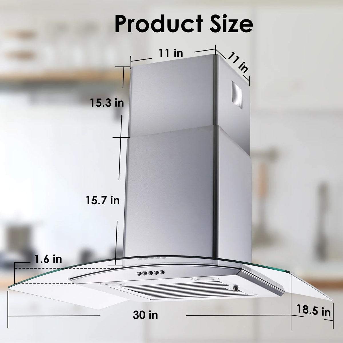 30 inch 450CFM Wall Mount Range Hood Tempered Glass 3-Speed Fan Button Control Baffle Filters