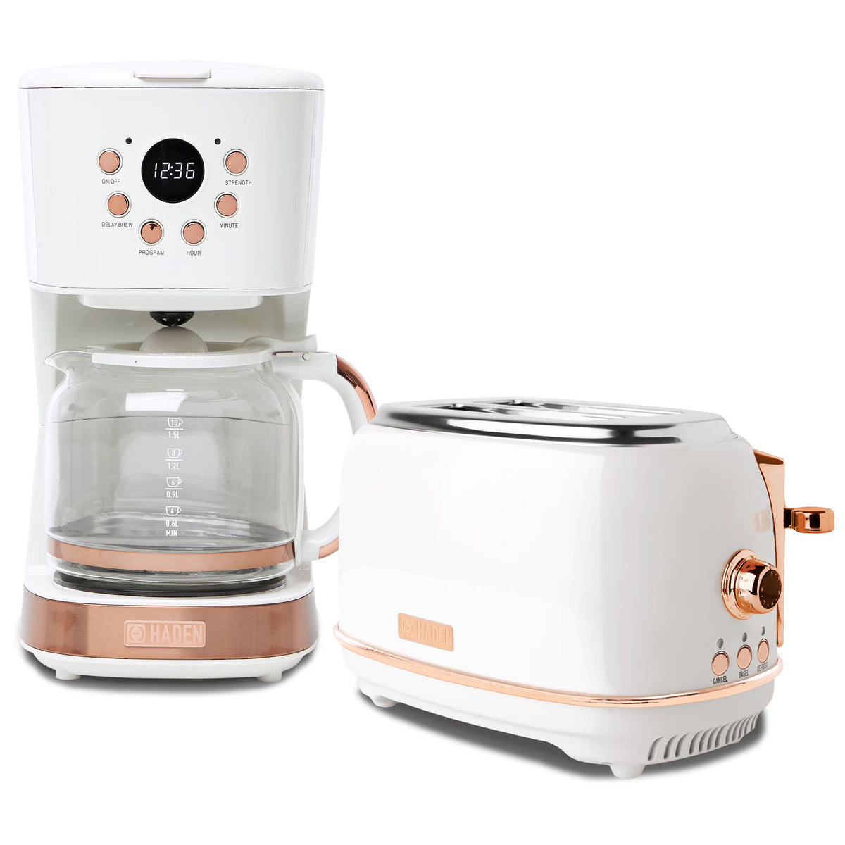 Haden 12 Cup Coffee Maker with 2 Slice Stainless Steel Bread Toaster, White