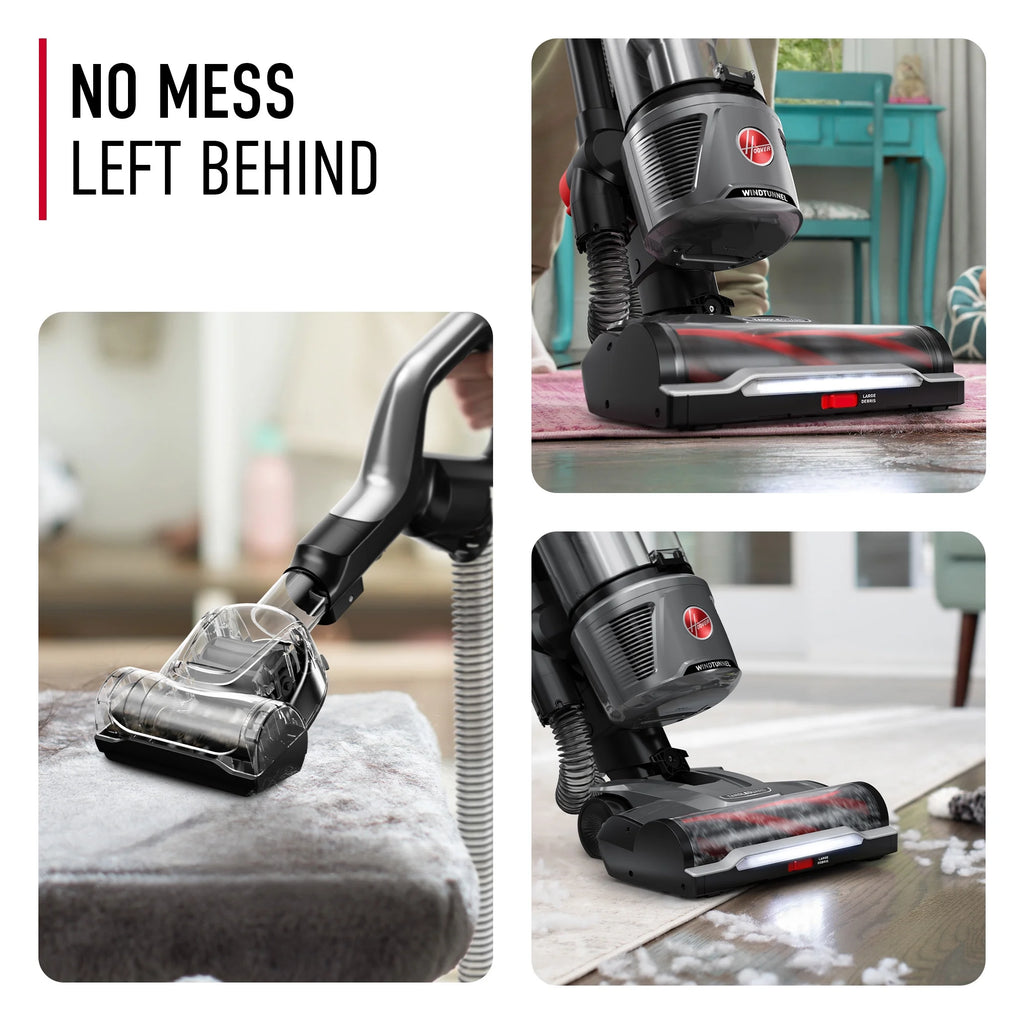Hoover Upright Vacuum, WindTunnel Tangle Guard, Bagless, with Swivel Steering, Hard Floor and Carpet, Crevice Tool, Dusting Brush, Turbo Tool, LED headlights, UH77110, Black