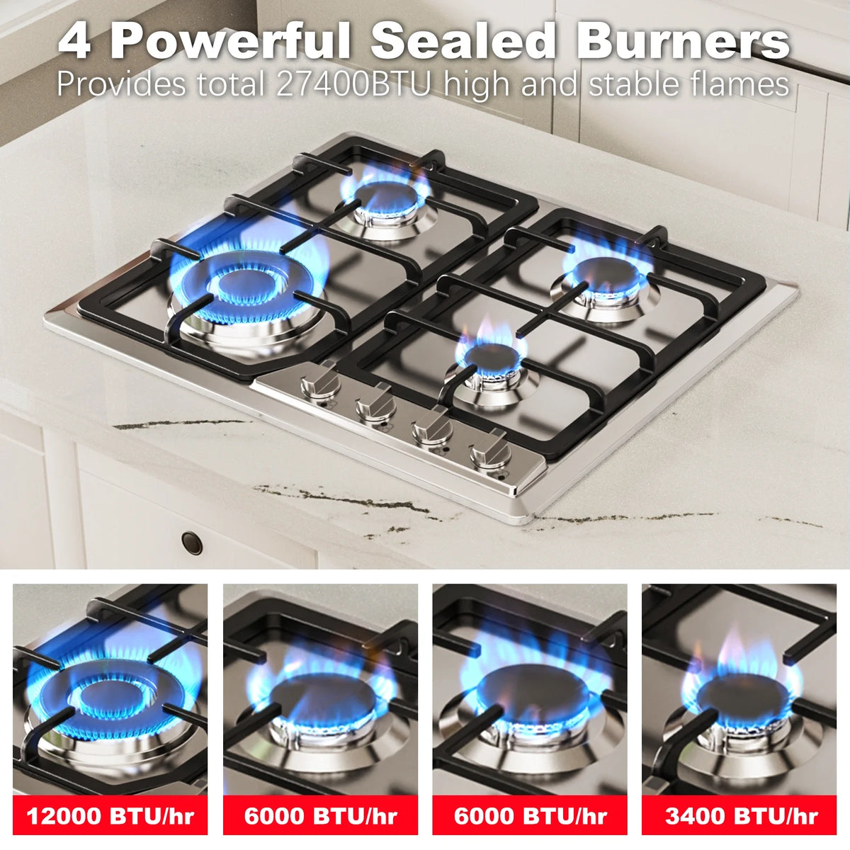 Graceall Gas Stove 24inch Gas Cooktop, NG/LPG Convertible Gas 4 Burners for Propane Gas, Neutral Gas (Pre-installed Propane Nozzles)