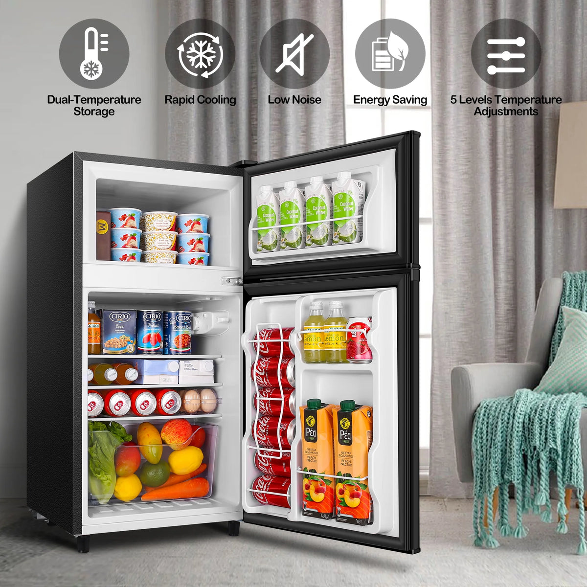 WANAI 3.5 Cu ft Two Door Mini Fridge with Freezer,Apartment Size Refrigerator, Black,New