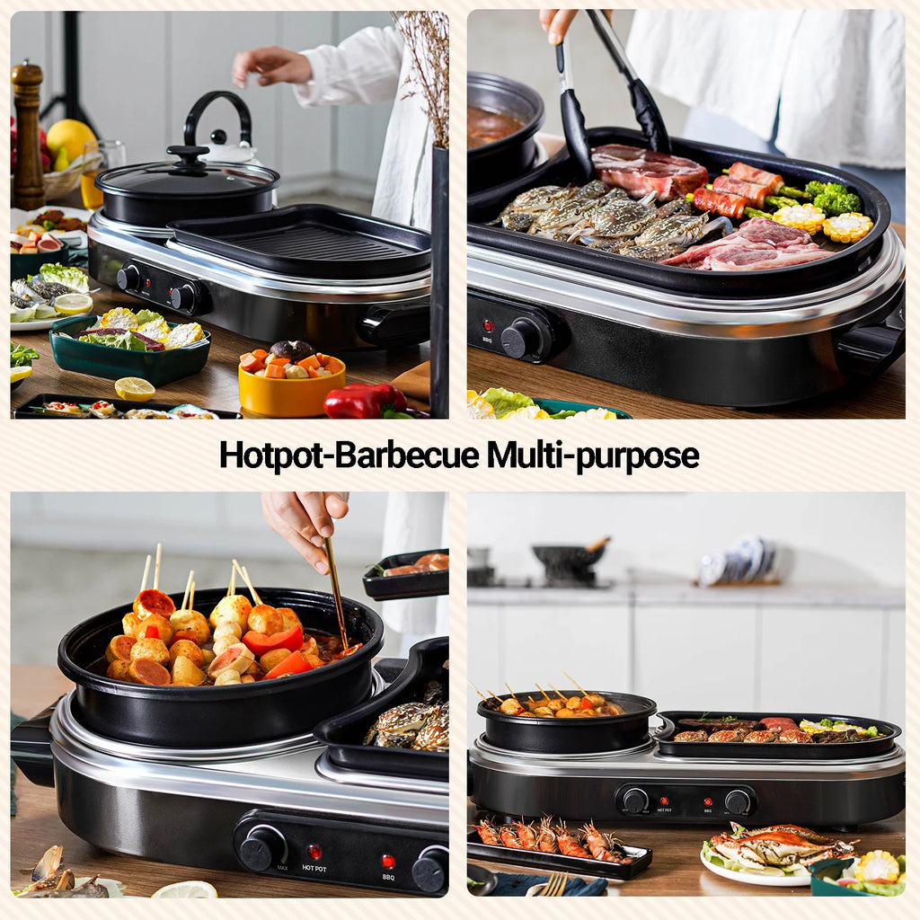 ZXMT 2 in 1 Electric Hot Pot with Grill Combo 2100W Indoor Griddle Dual Temperature Control Non-Stick Korean BBQ Shabu Pan