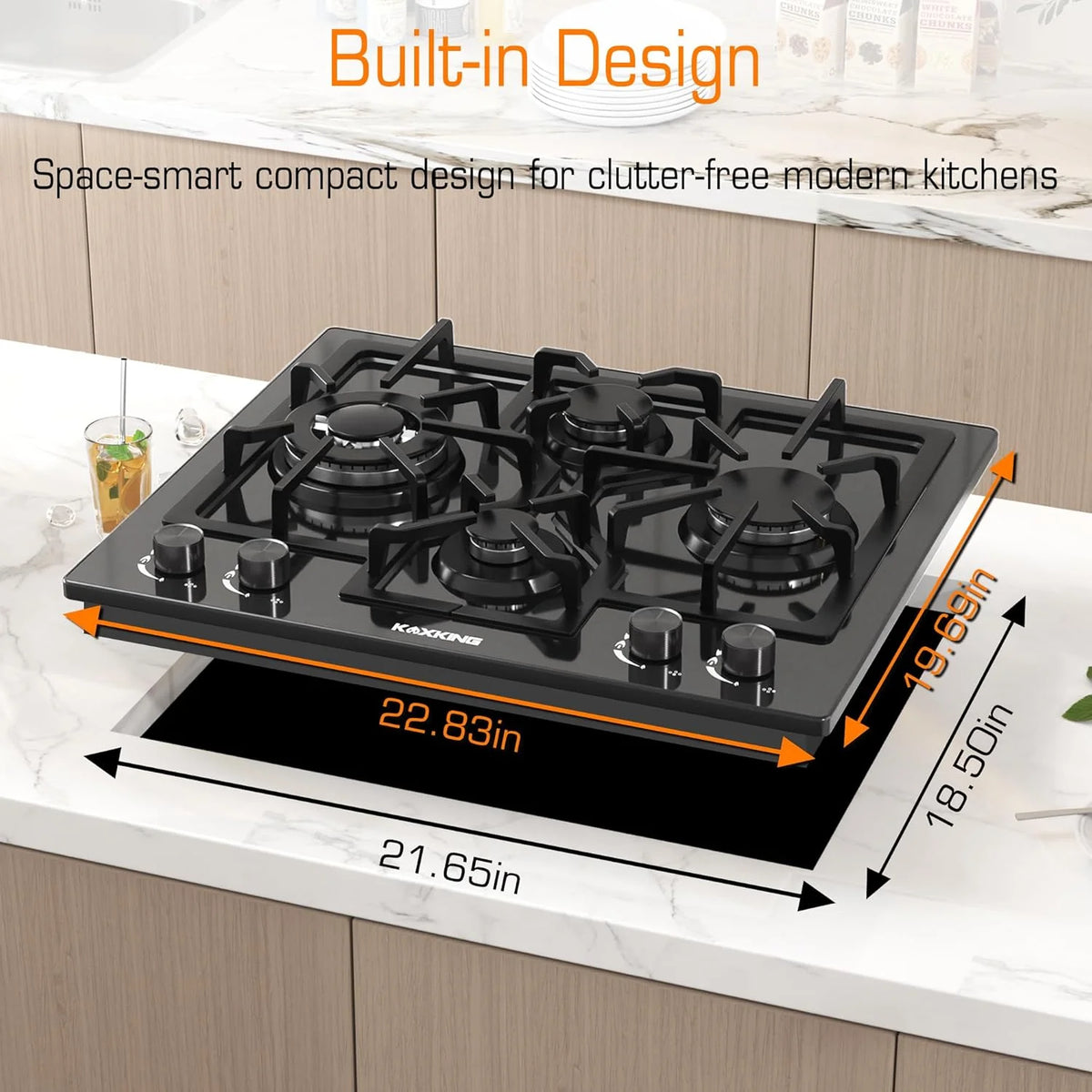 24 Inch Black Gas Cooktop - Built-in Dual Fuel Natural Gas & Propane Stove - 4 Burner Convertible Cooktop with Thermocouple Protection