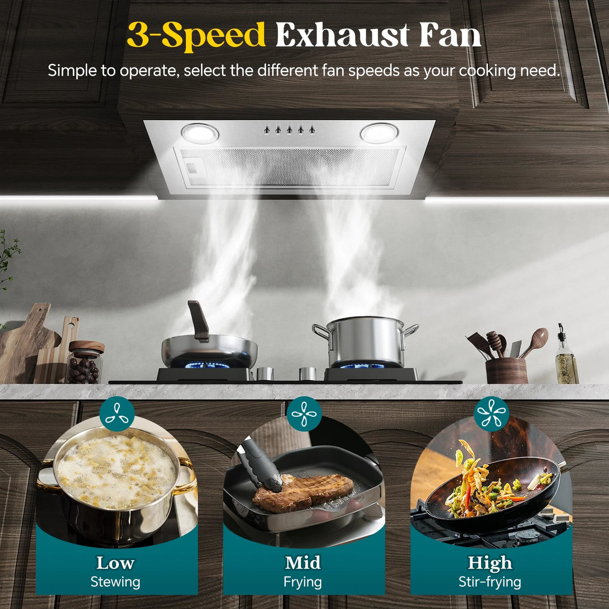 JOEAONZ Range Hood Insert 20 Inch Stainless Kitchen Vent with LED Light Exhaust Fan Button Control