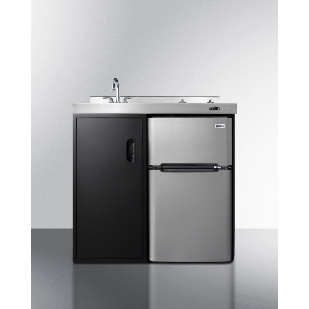 36" wide all-in-one kitchenette with 2-burner 115V smooth-top cooktop, refrigerator-freezer, sink, and storage cabinet