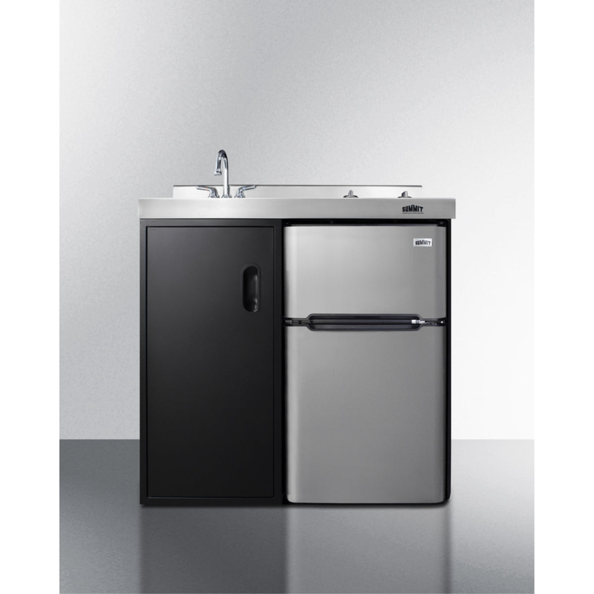 36" wide all-in-one kitchenette with 2-burner 115V smooth-top cooktop, refrigerator-freezer, sink, and storage cabinet