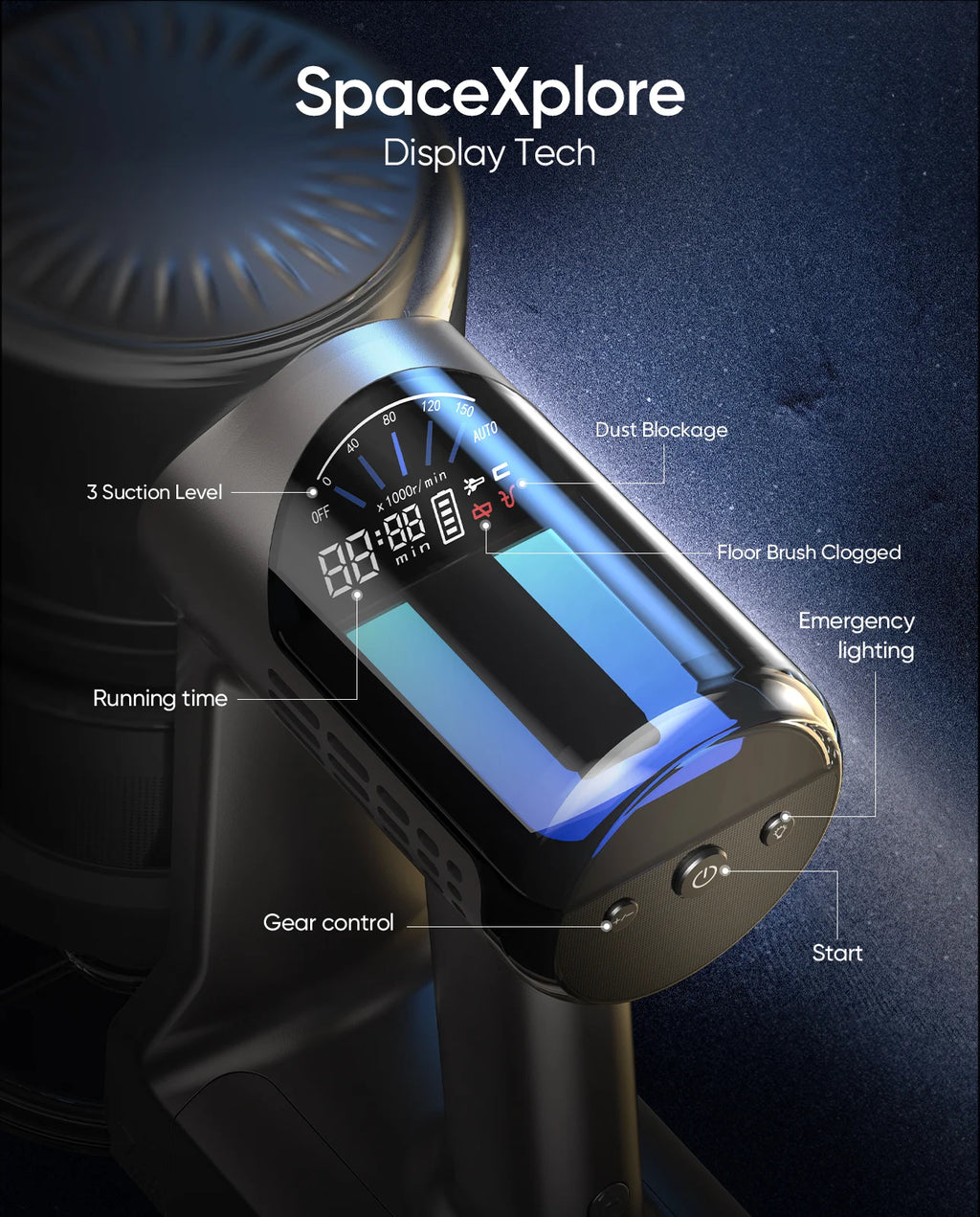 MOOSOO Stick Vacuum Cleaner 30Kpa Strong Suction with LED Curved Display, Portable Lightweight Vac for Hard Floor, Carpet, Pet Hair