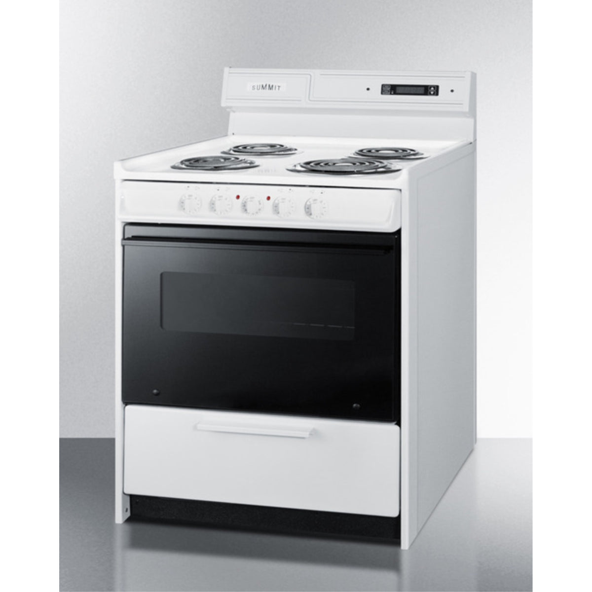 30" wide electric coil top range in white with black door, oven window, and high backguard