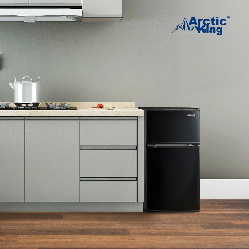 Arctic King 3.2 Cu ft Two Door Mini Fridge with Freezer, Stainless Steel, E-Star