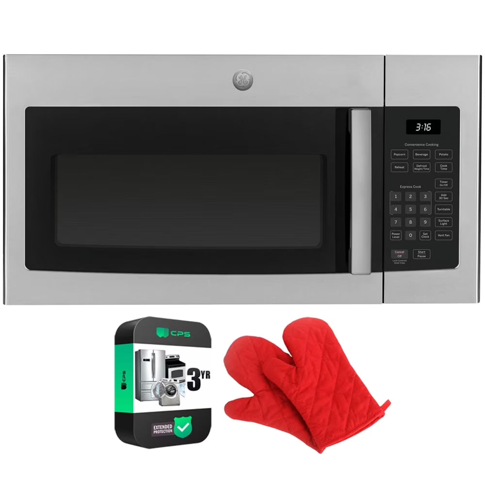 GE JVM3160RFSS 1.6 Cu. Ft. Over-the-Range Microwave Oven Stainless Steel Bundle with Deco Chef Pair of Red Heat Resistant Oven Mitt and 3 YR CPS Enhanced Protection Pack