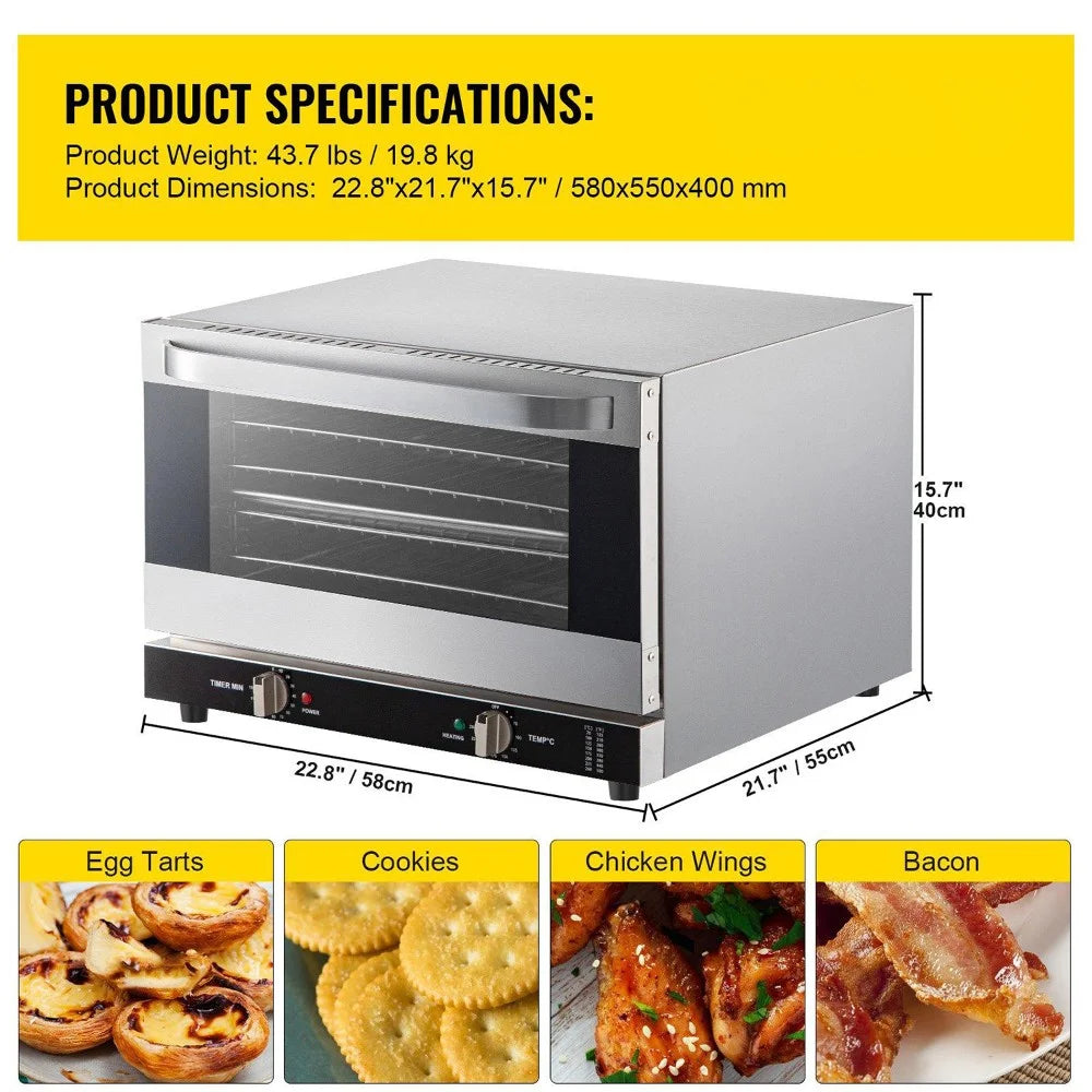 Choco Moon ETL 1600W Compact Convection Oven 47L/43Qt Countertop Half-Size 4-Tier Toaster Glass Door Electric Baking Trays Racks Gloves Inc 120V Commercial Use