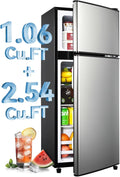 GGTB 3.5 Cu.Ft Fridge with Freezer, Double Door Refrigerator with 6 Level Thermostat, LED Light, Adjustable Glass Shelves for Bedroom, Office, Dorm, Apartment, Silver