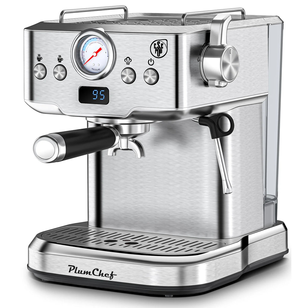 Plum Chef Espresso Machine 20 Bar Maker Coffee Machine 1.8L Water Tank, Stainless Steel, Silver