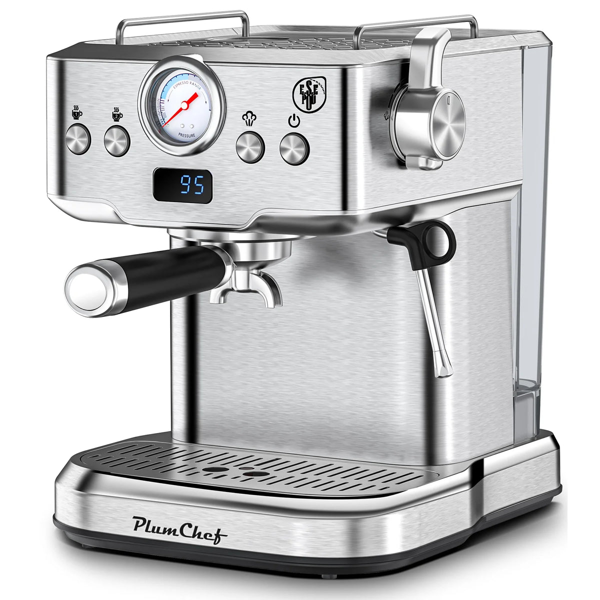 Plum Chef Espresso Machine 20 Bar Maker Coffee Machine 1.8L Water Tank, Stainless Steel, Silver