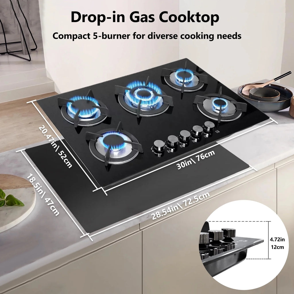 GRACEALL Gas Stove 30inch 5 Burners, Built-in Gas Stovetop with NG/LPG Conversion Kit, Glass Top Gas Burner (30in x 20.5in)